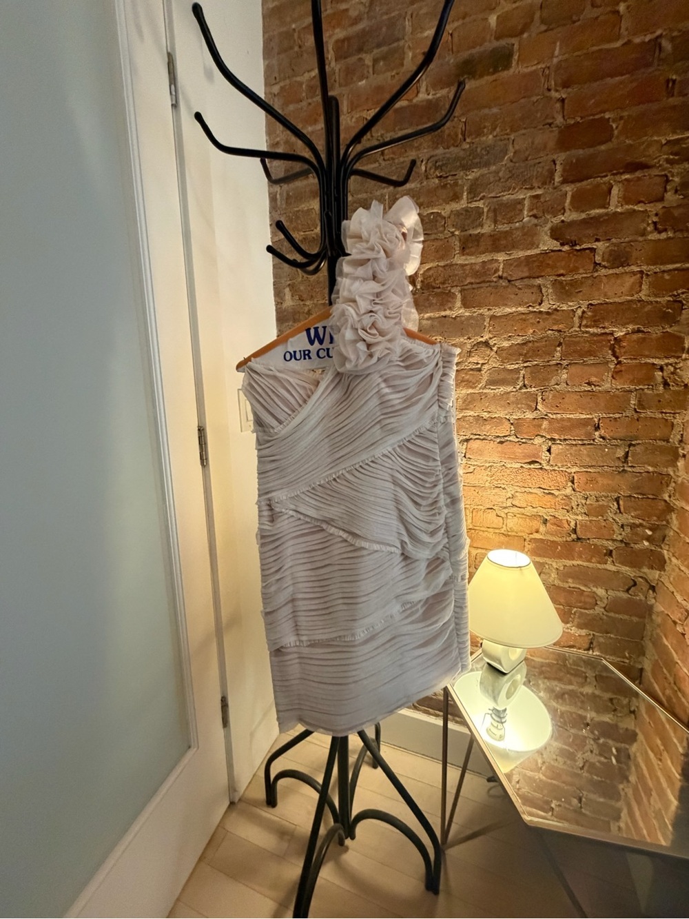 JS Collections One-Shoulder Ivory Ruffle Rosette Dress
